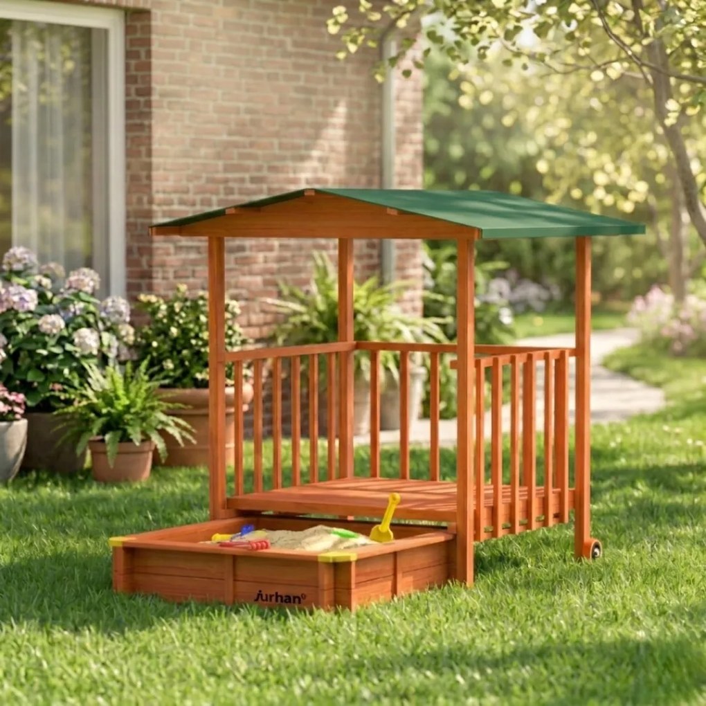 SUNNY verandás homokozó, 130x130x143cm, barna/zöld Jurhan