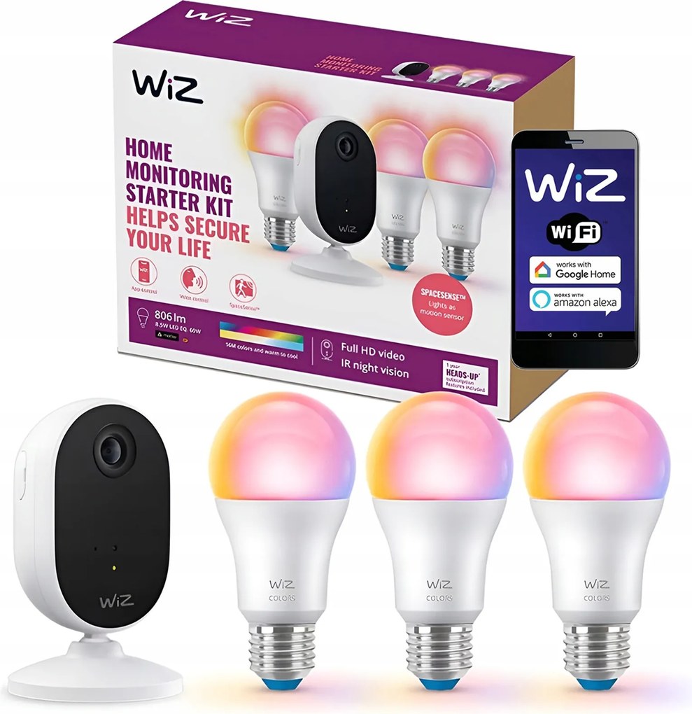 Kezdőkészlet 3x Led izzó E27 8,5W Rgb FullHD kamera WIFi Smart WiZ