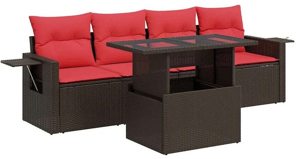 5 részes barna polyrattan akácfa kerti ülőgarnitúra párnákkal