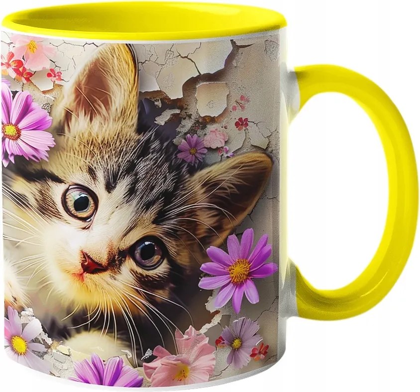 Csodálatos Bögre Macska Virágokkal Páratlan Színek "3D hatás" 330ml.