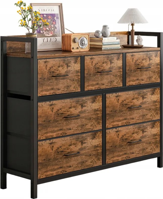 Ipari Komód Barna Rusztikus Szekrény Nagy Tágas Könyvespolc 7 Fiókkal