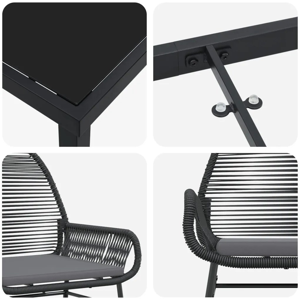 5 darabos kerti étkező szett párnákkal, fekete poly rattan