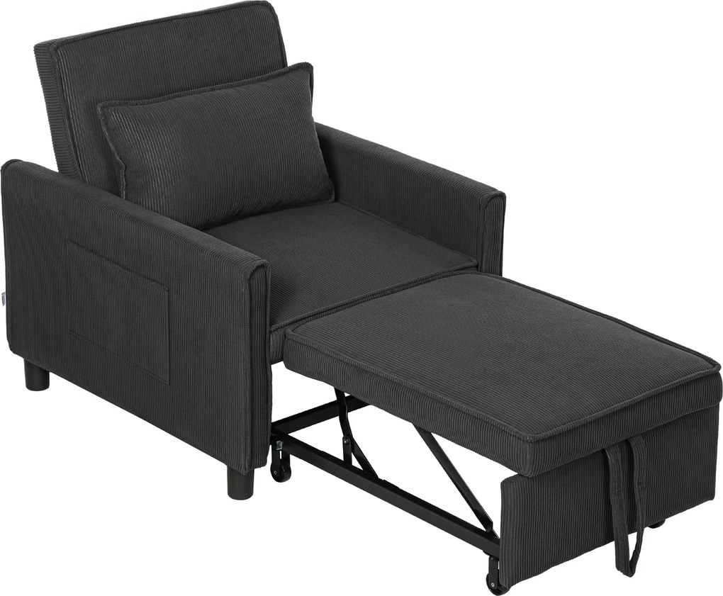 HOMCOM 3 az 1-ben Fektethető Kanapé Oldalzsebekkel és Dőlésszögbe Állítható Háttámlával, Modern Átalakítható Kanapé Fektethető Kanapénak vagy Egyszemé