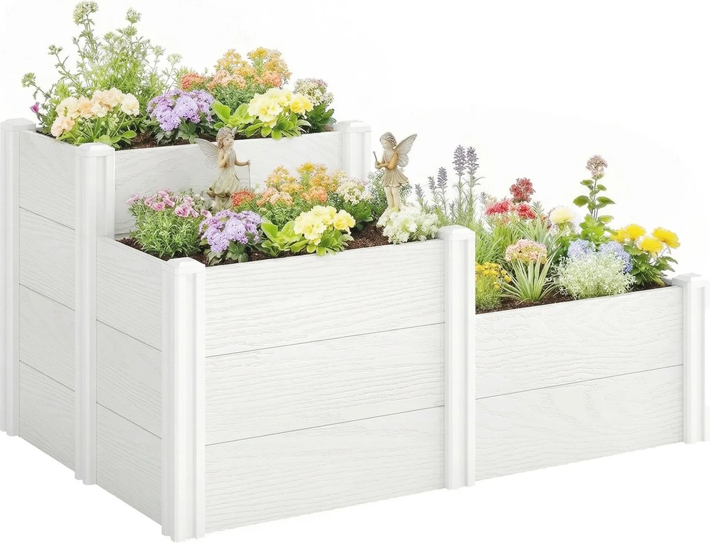 Outsunny 3 szintes egymásra illeszthető emelt virágágyás nyitott aljjal – moduláris vinil virágláda kertbe és erkélyre, 120 x 80 x 64 cm, fehér | Aoso