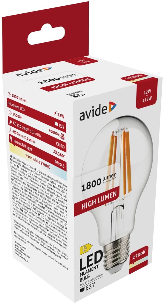 Avide LED Filament Globe 12W E27 1800LM A70 WW 2700K High Lumen
