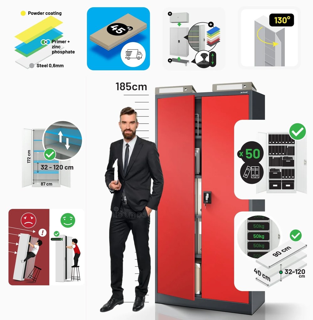 Fém iratszekrény JAN, 900 x 1850 x 400 mm, antracit-piros