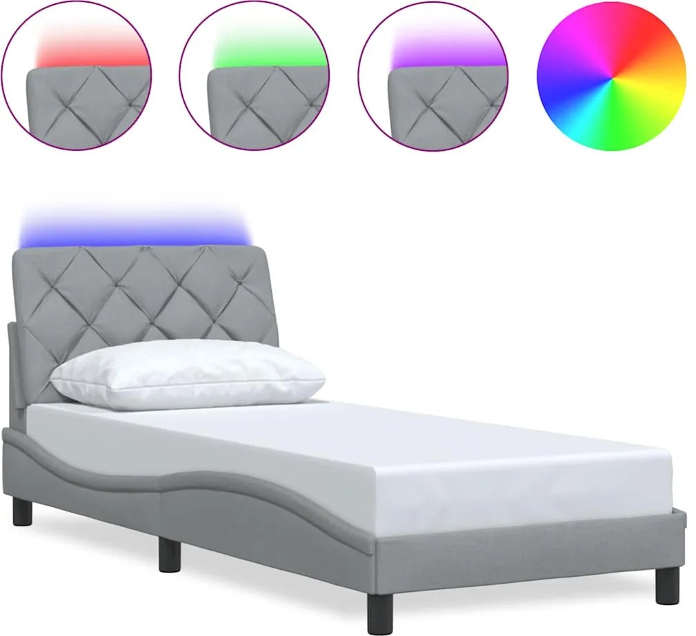 vidaXL világosszürke szövet ágykeret LED-ekkel matrac nélkül 90x200 cm