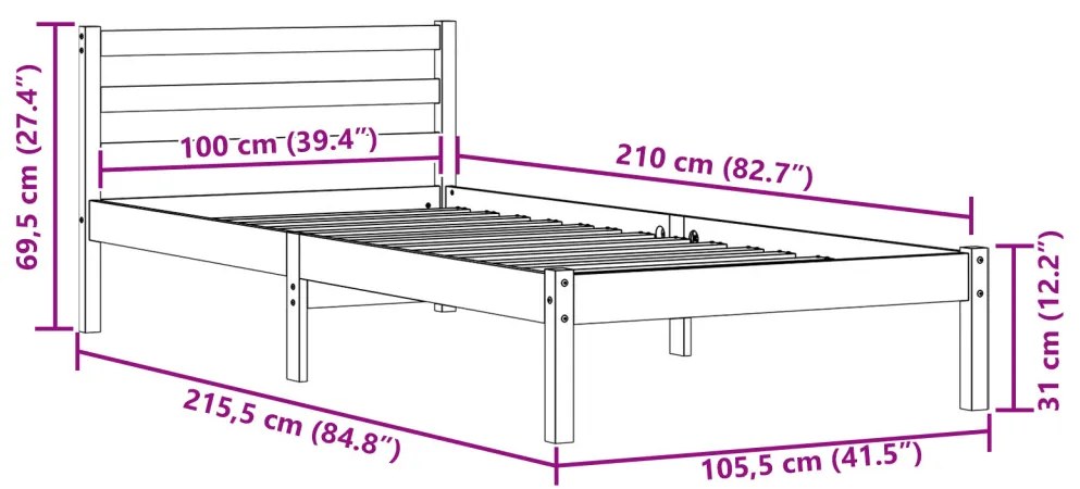 Ágykeret Fejvéggel Fehér 100x210 cm Tömör Fenyőből