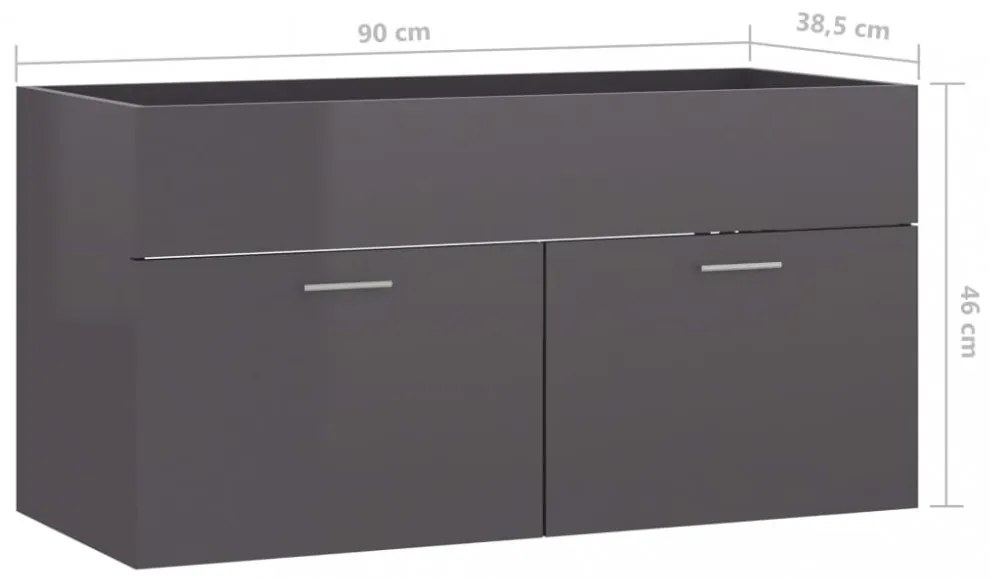 magasfényű szürke szerelt fa mosdószekrény 90 x 38,5 x 46 cm