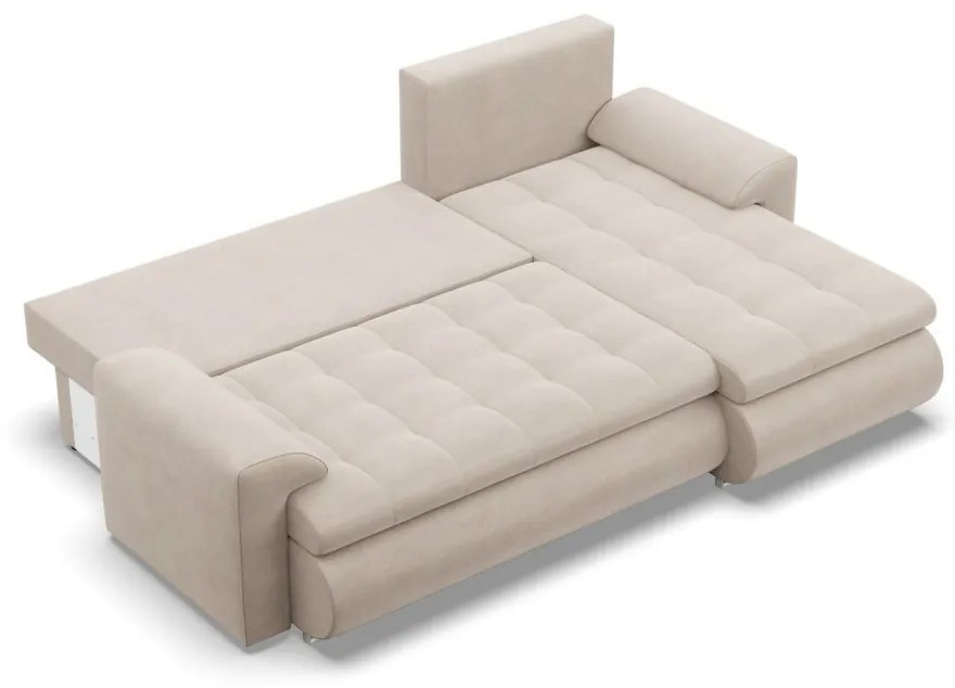 Tokio sarokkanapé, 2 ágyneműtartóval, bársony, jobboldali, bézs