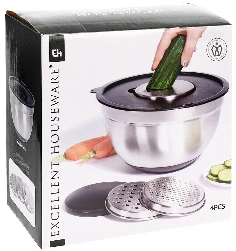 Rozsdamentes acél tál fedéllel és reszelővel