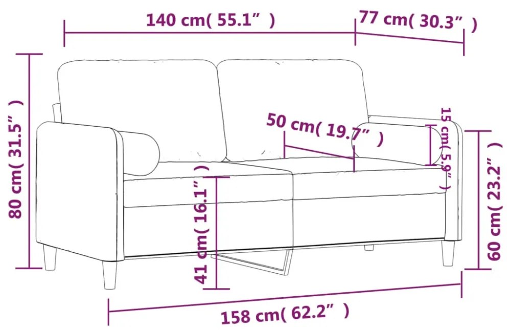 2 személyes barna bársony kanapé díszpárnákkal 140 cm