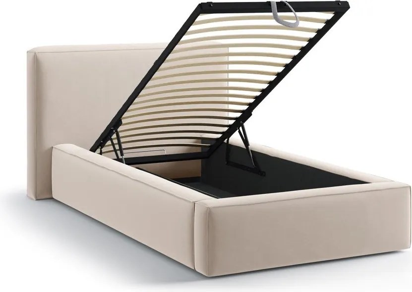 Bézs kárpitozott ágyneműtartós egyszemélyes ágy ágyráccsal 90x200 cm Jodie – Micadoni