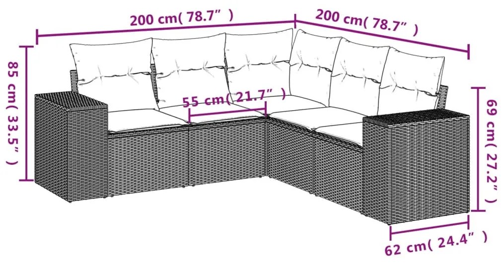 5 részes fekete polyrattan kerti kanapészett párnákkal