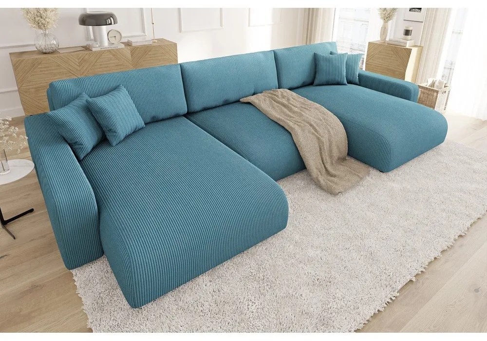 Türkiz kordbársony kinyitható tárolóhelyes sarokkanapé Sara – Ropez