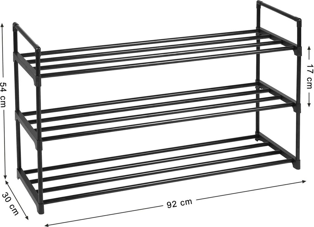 Cipőtartó állvány, 3 szintes 12-15 pár cipőhöz, 30 x 92 x 54 cm, fekete