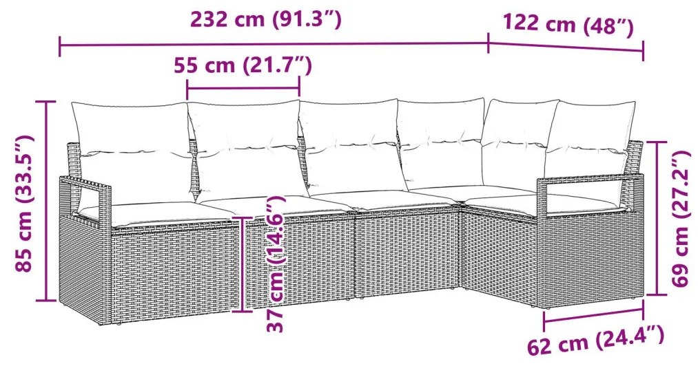 Kanapé Szett 5 pcs Fekete polirattan