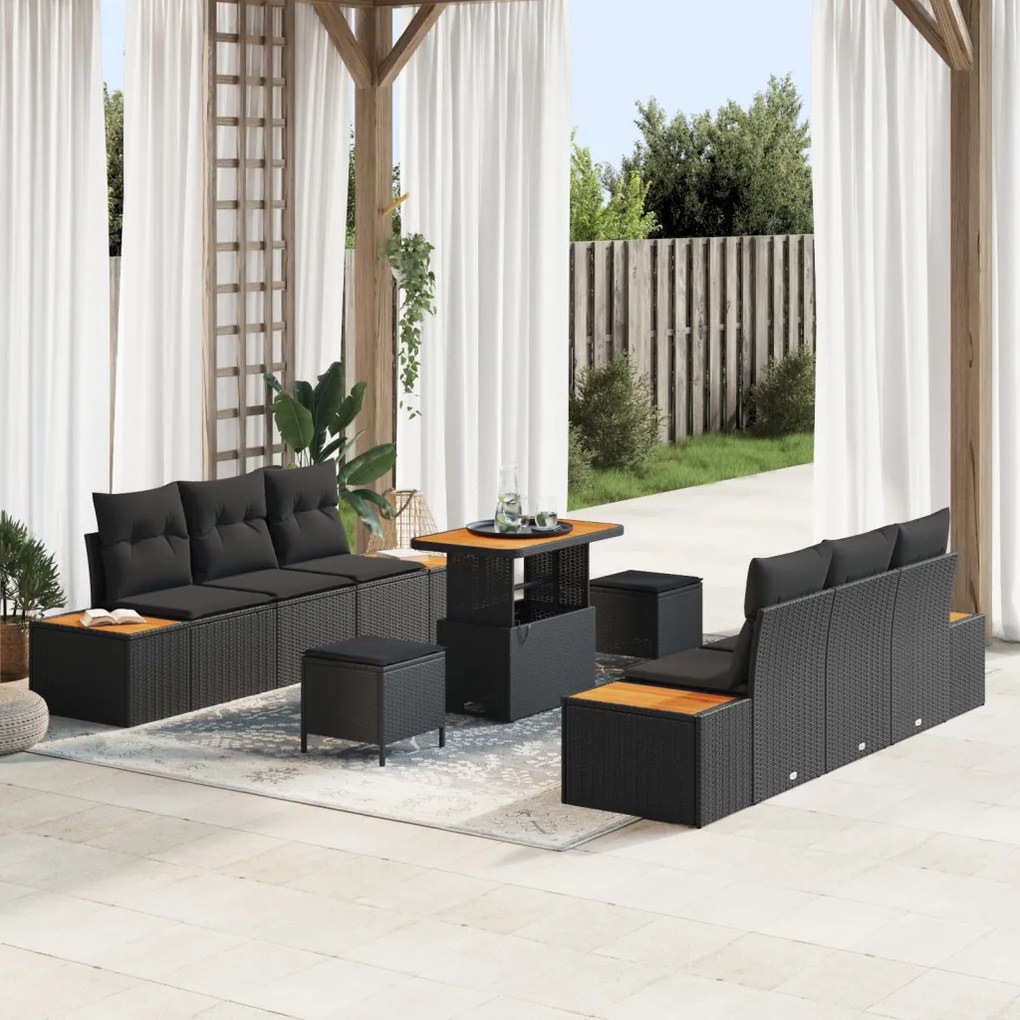 9 darabos kerti sofa szett párnákkal fekete poli rattan akác, 3 darabos kerti étkező szett párnákkal fekete poli rattan akác