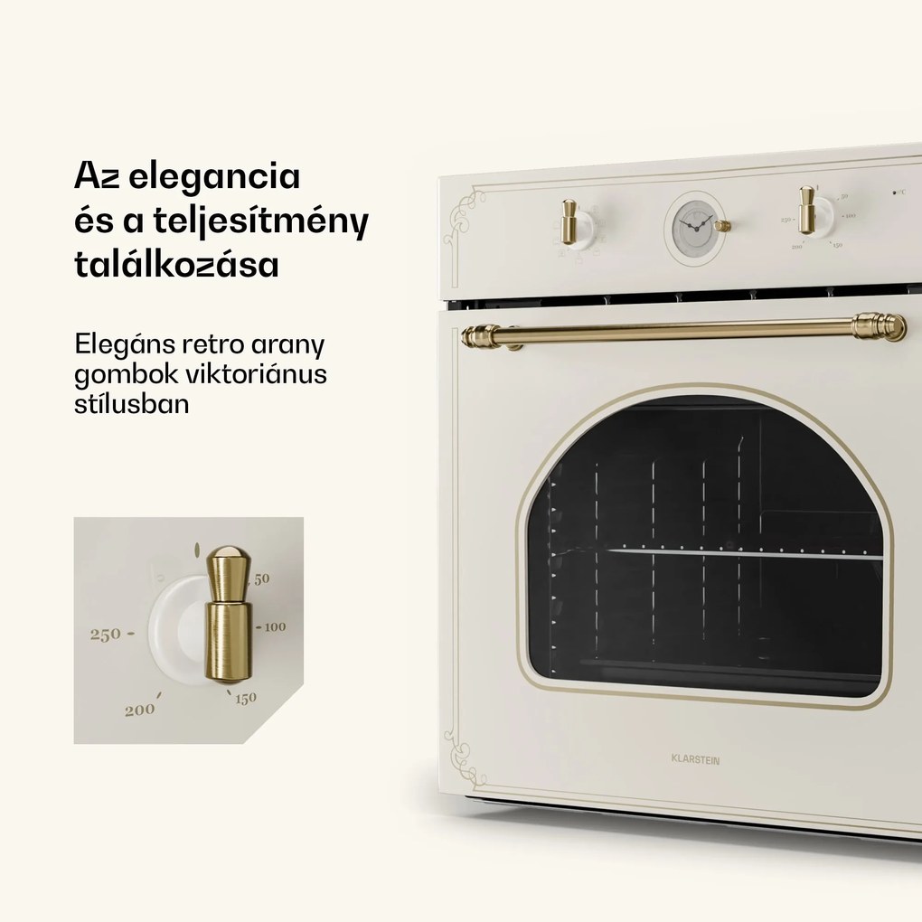 Klarstein Victoria, beépített sütő, retró dizájn, 9 funkció, 50 – 250 °C, elefántcsont