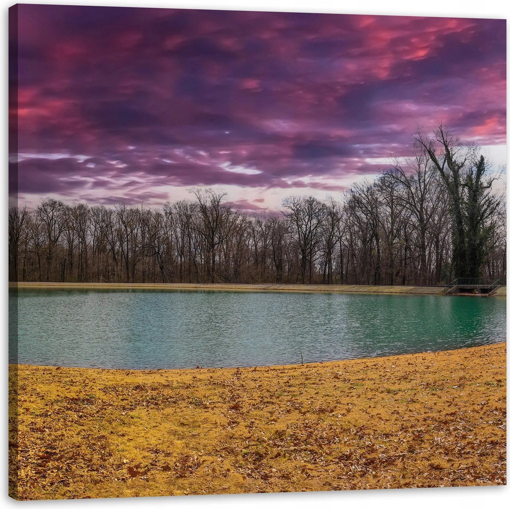 Vászonkép Lila ég tó fák Ősz 90X90 cm