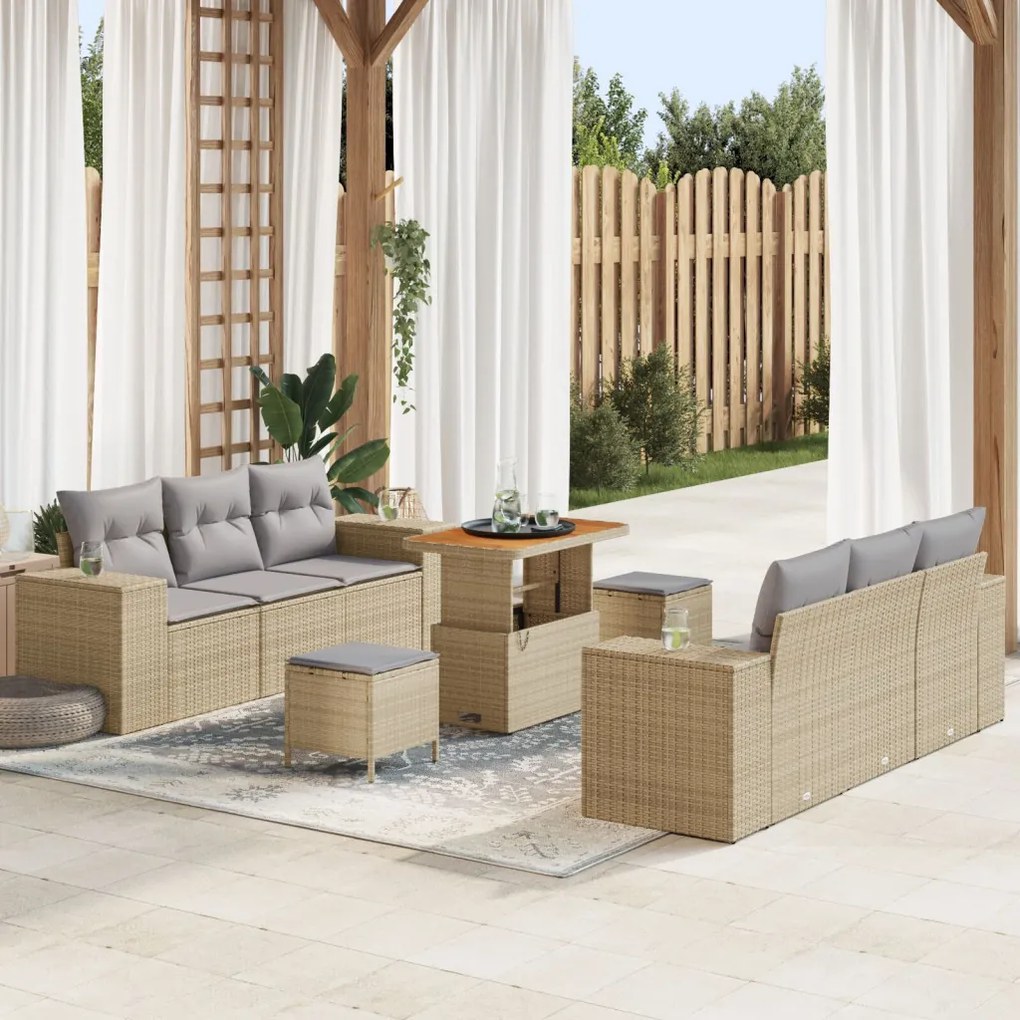 9 Darabos Kerti Kanapé Szett Párnákkal Bézs Poly Rattan Akáciával, 3 Darabos Kerti Étkezőszett Párnákkal Bézs Poly Rattan Akáciával