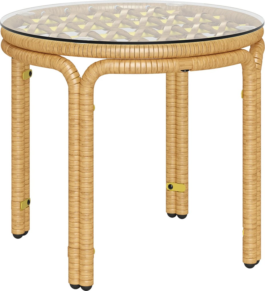 Outsunny Kerek Asztalka PE Rattanból Üveglappal Éjjeli Szekrény Kerti Asztal Teraszbútor Sörasztal, Ø50 cm Sárga | Aosom