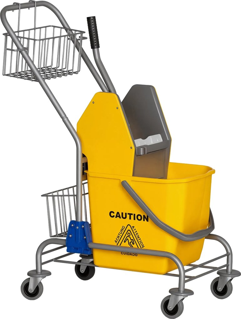 HOMCOM Söpörő Vödör Kerekkel 26 L Nyomásos Kicsavaróval és Tárolókosarakkal 73x45x95 cm Sárga | Aosom