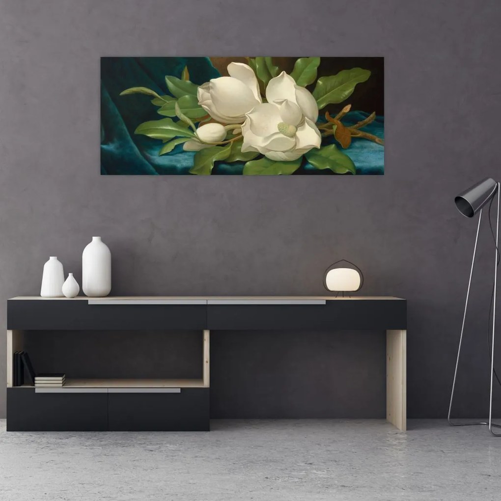 Kép - Martin Johnson Heade, Giant Magnolias on a Blue Velvet Cloth, reprodukciók (120x50 cm)