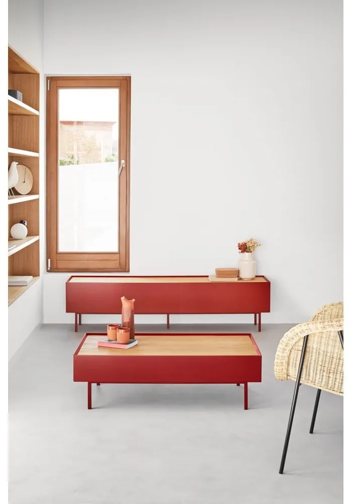 Piros TV-állvány tölgyfa dekorral 180x45 cm Arista – Teulat