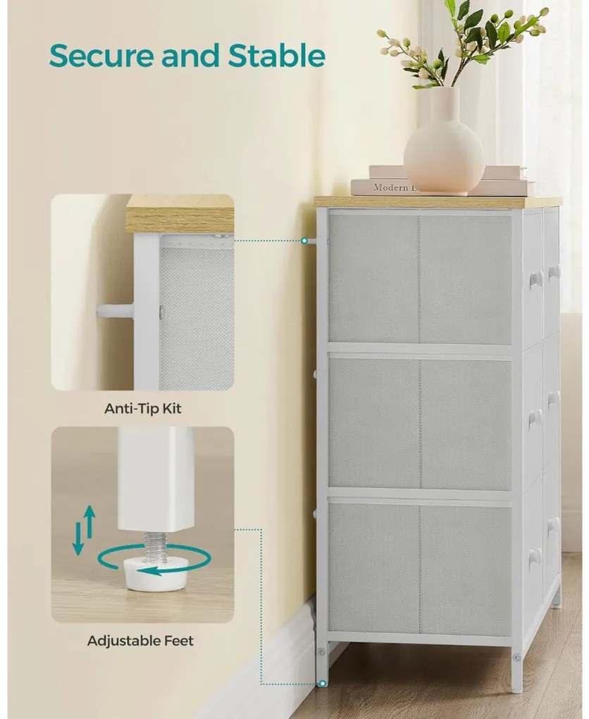 Tároló szekrény hat fiókkal, ruhás szekrény, fehér és tölgy 80x30x71cm