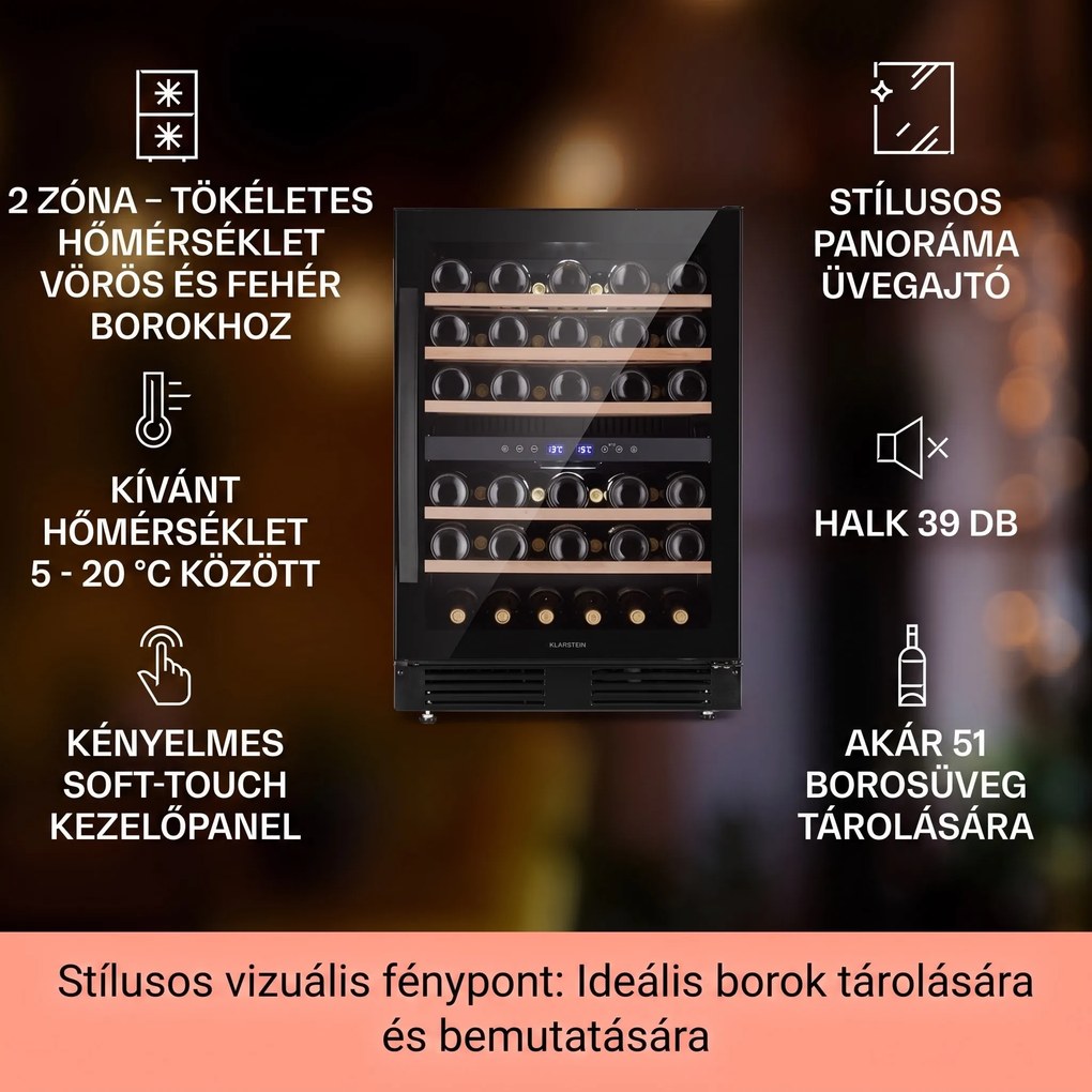 Klarstein Vinovilla 50 Duo kétszintes borhűtő 53 l, 17 palack, háromszínű üvegajtó