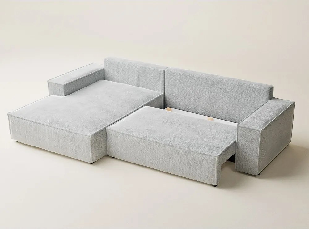 Világosszürke zsenília kinyitható-tárolóhelyes sarokkanapé (bal oldali-heverő résszel) Maze – Maison de Rêve