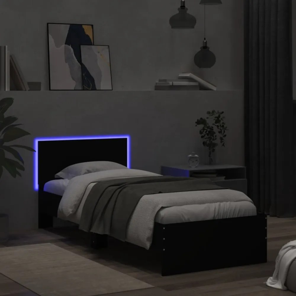 fekete ágykeret fejtámlával és LED-világítással 90 x 200 cm