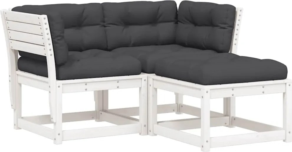 vidaXL 3 részes fehér tömör fenyőfa kerti ülőgarnitúra párnákkal