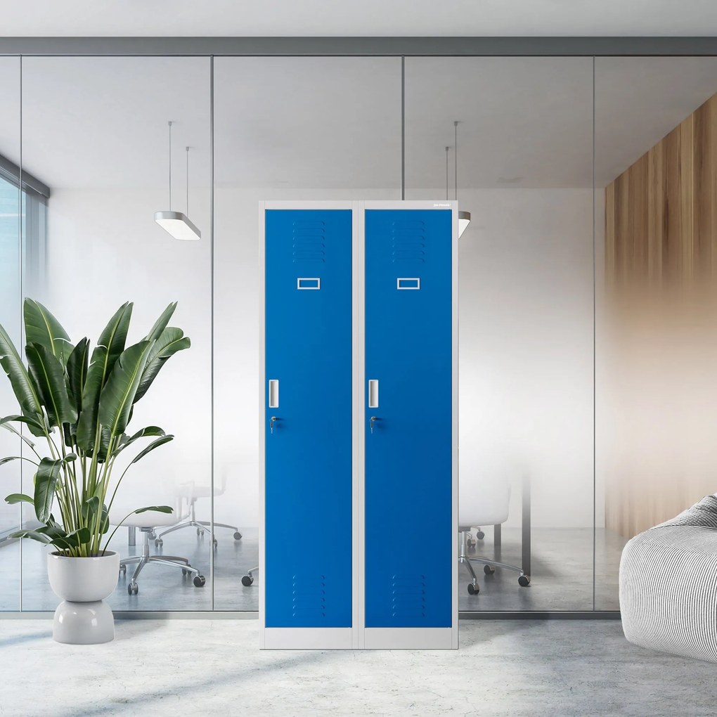 Pléh öltözőszekrény talpazaton, kétmodulos, polccal és köztes fallal KACPER, 800 x 1800 x 500 mm, szürke-kék