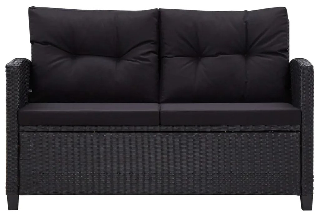 Fekete polyrattan kétszemélyes kerti kanapé párnákkal 124 cm