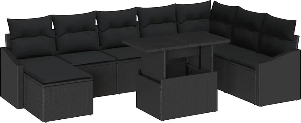 vidaXL Kanapé Szett párnával tárolóval 9 pcs Fekete polirattan
