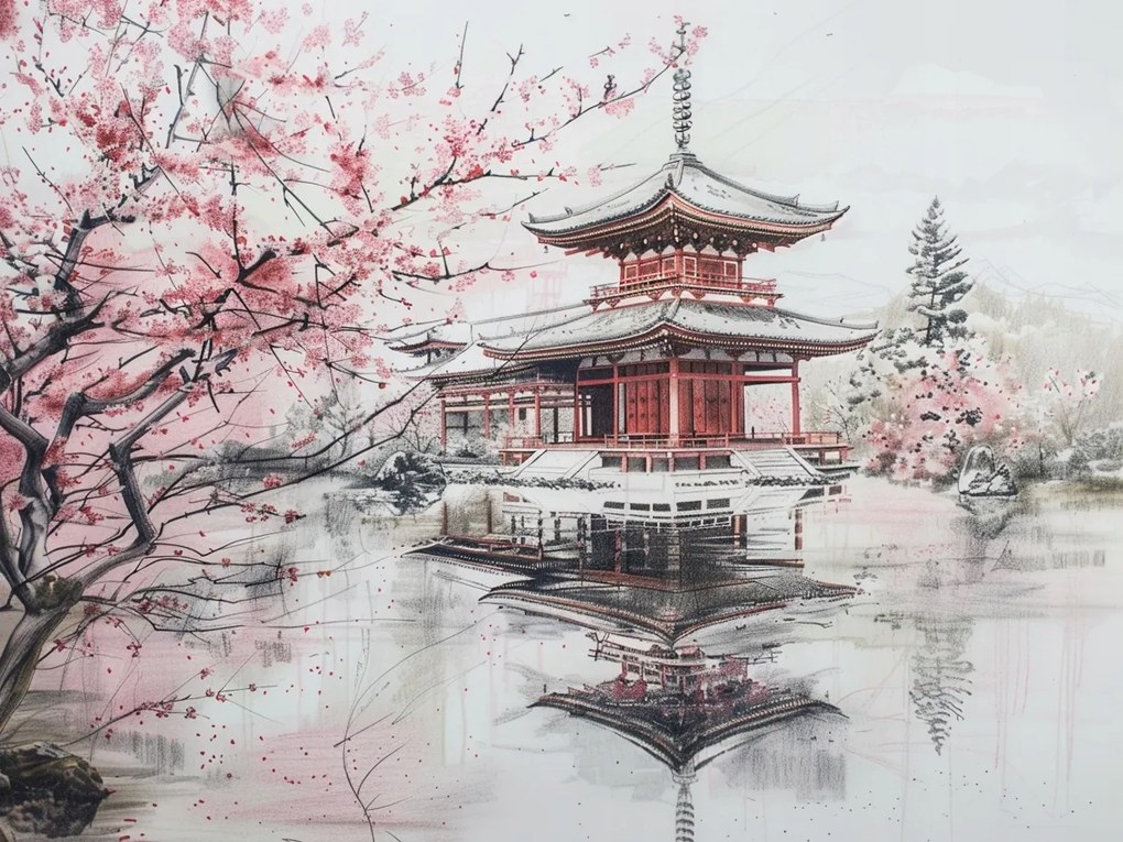Canvas Vászonkép Japán Cseresznye Templom Pagoda Orient 80x60