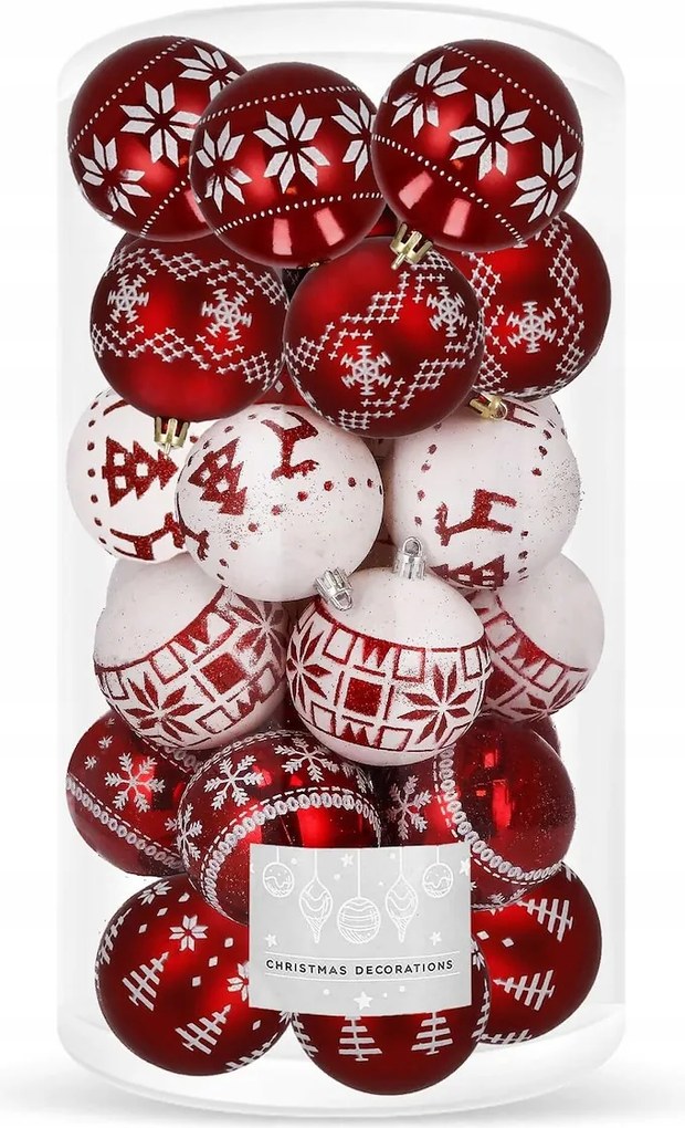 Karácsonyfa Bombák 5cm Törhetetlen Bomba 30x Szett Piros Fehér Karácsonyfa
