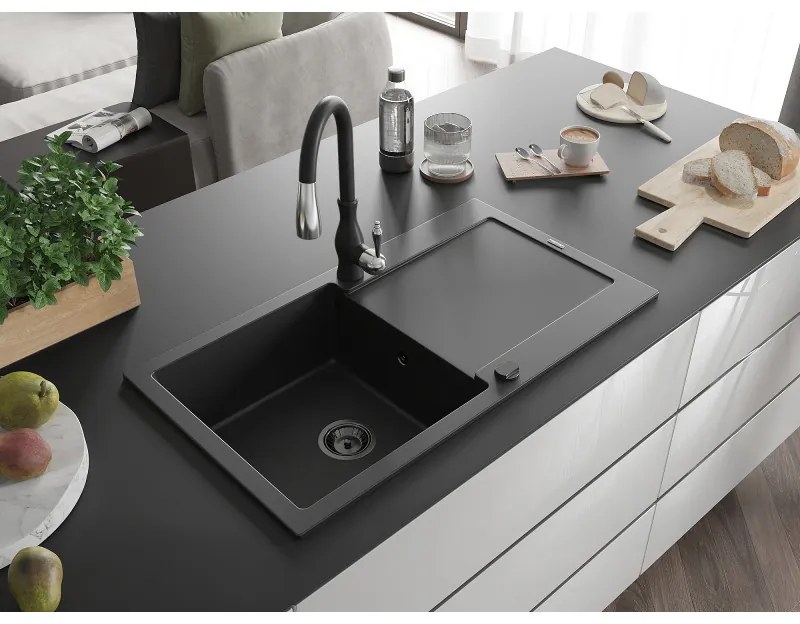 Mexen Leo, 1 kamrás gránit mosogató 900x500x190 mm és Savita mosogató csaptelep, fekete, 6501-77-672601-70-B