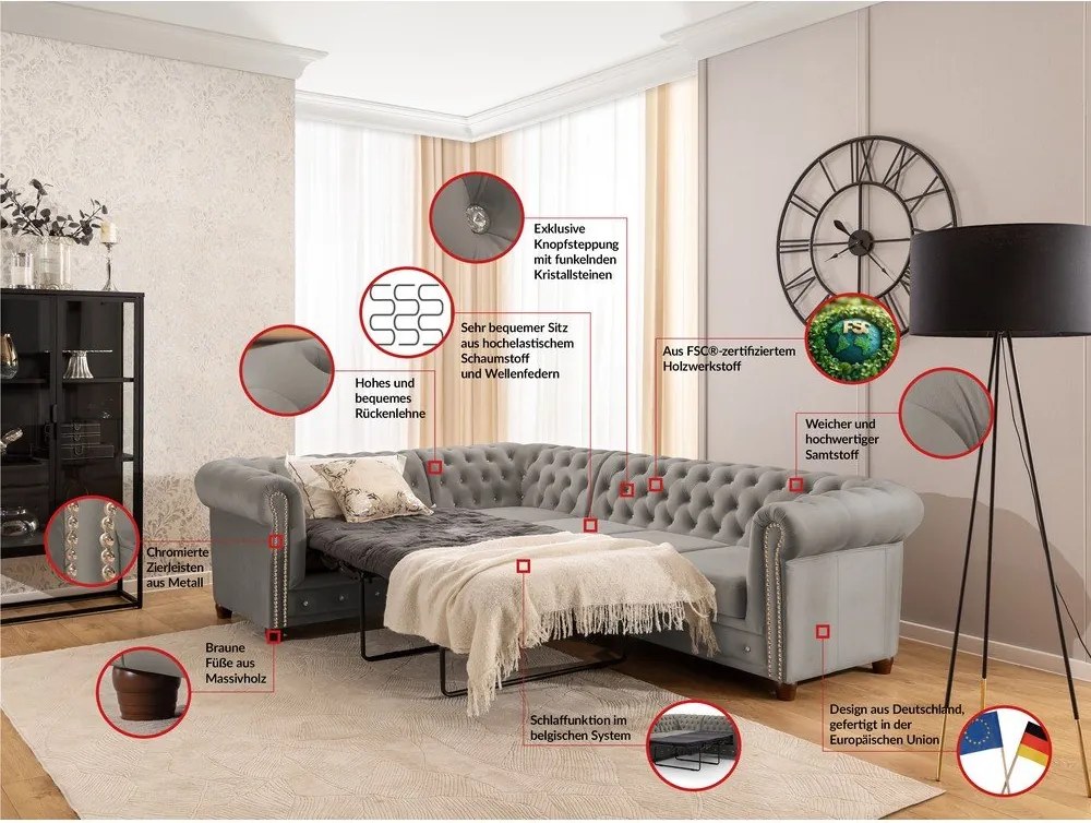 Szürke bársony kinyitható sarokkanapé (bal oldali-L alakú) York Blik – Ropez