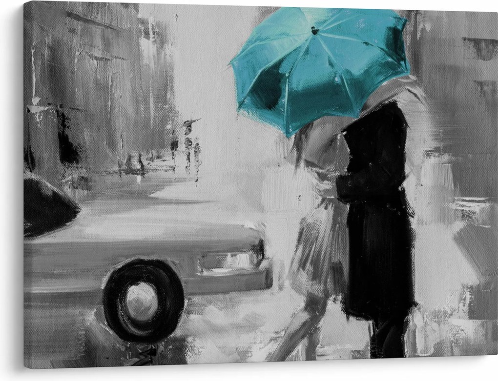 Kép - Szerelmes pár esernyővel, kék (70x50 cm)