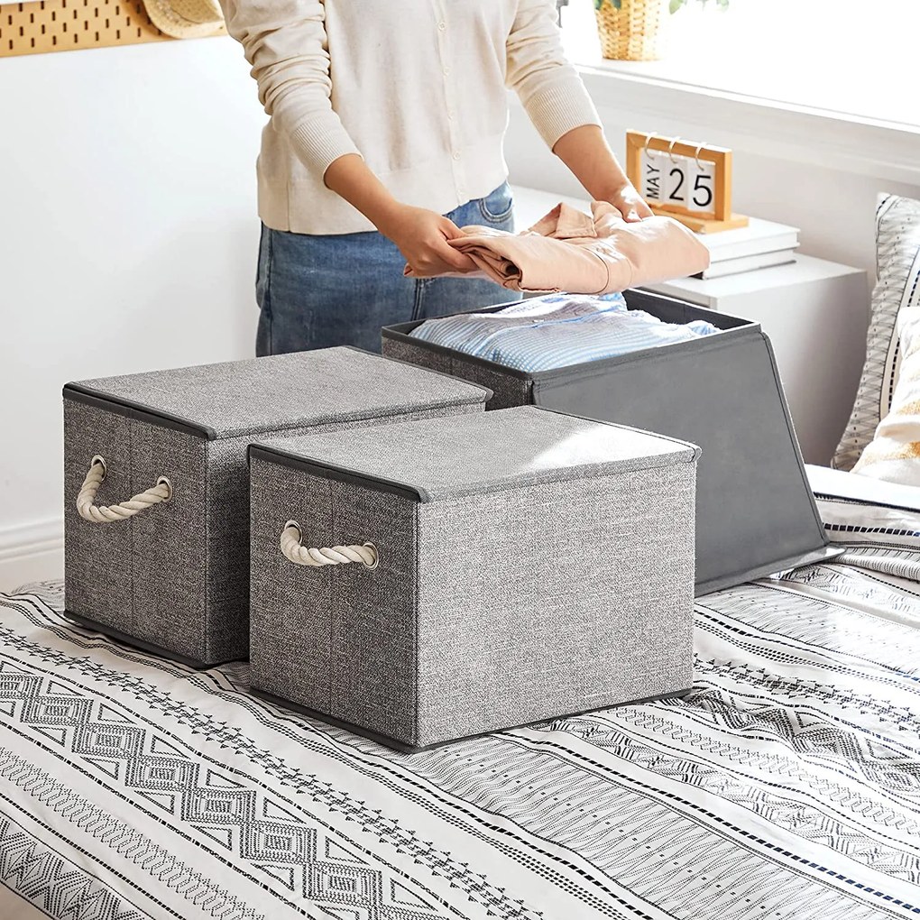 Tárolódobozok fedéllel 3 db-os szett, 38 x 25 x 25 cm, szürke