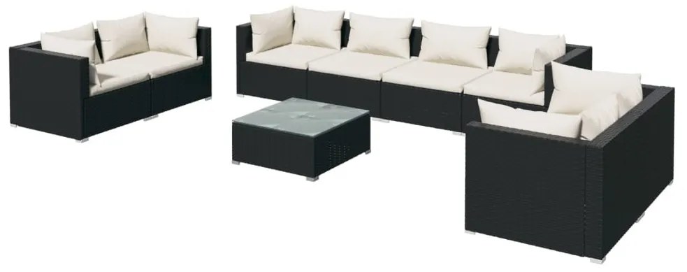 9 részes fekete polyrattan kerti ülőgarnitúra párnákkal
