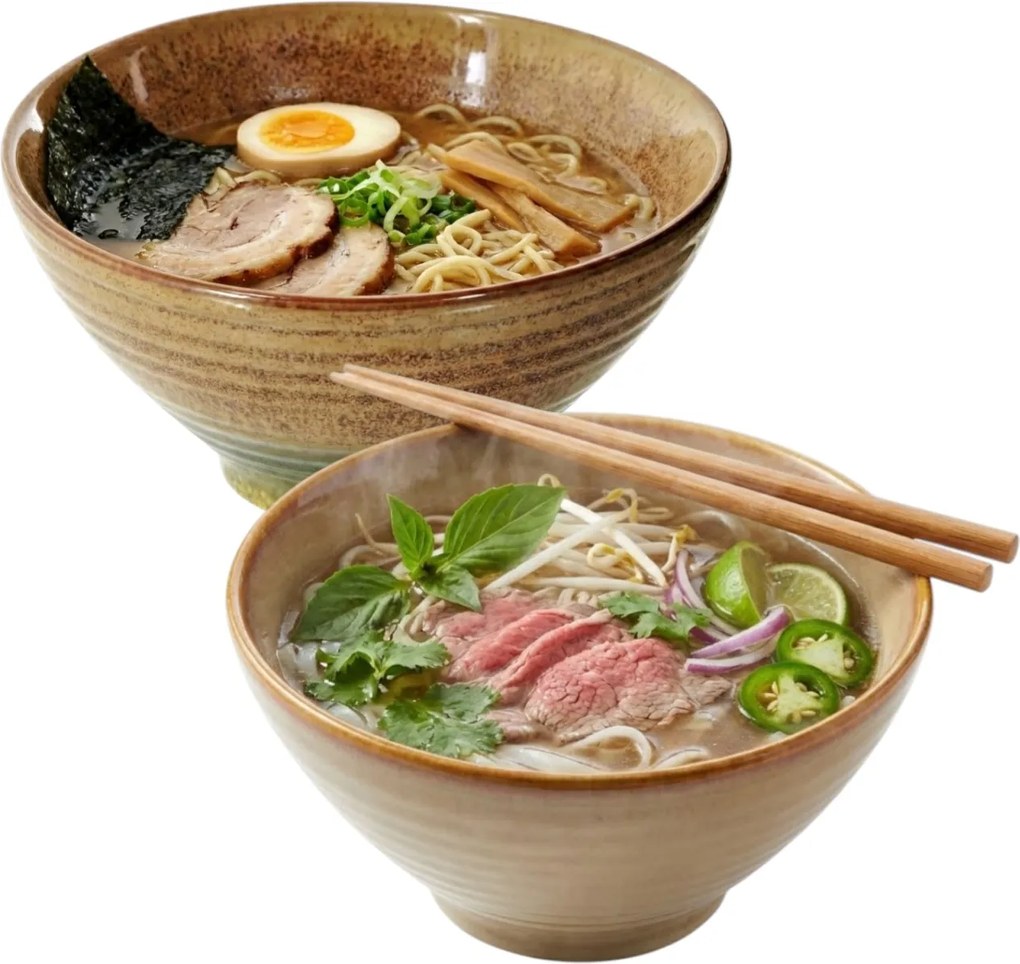2x Kerámia Tál 20 CM Ramen Udon Pho 1 L Tál Pálcika Szett
