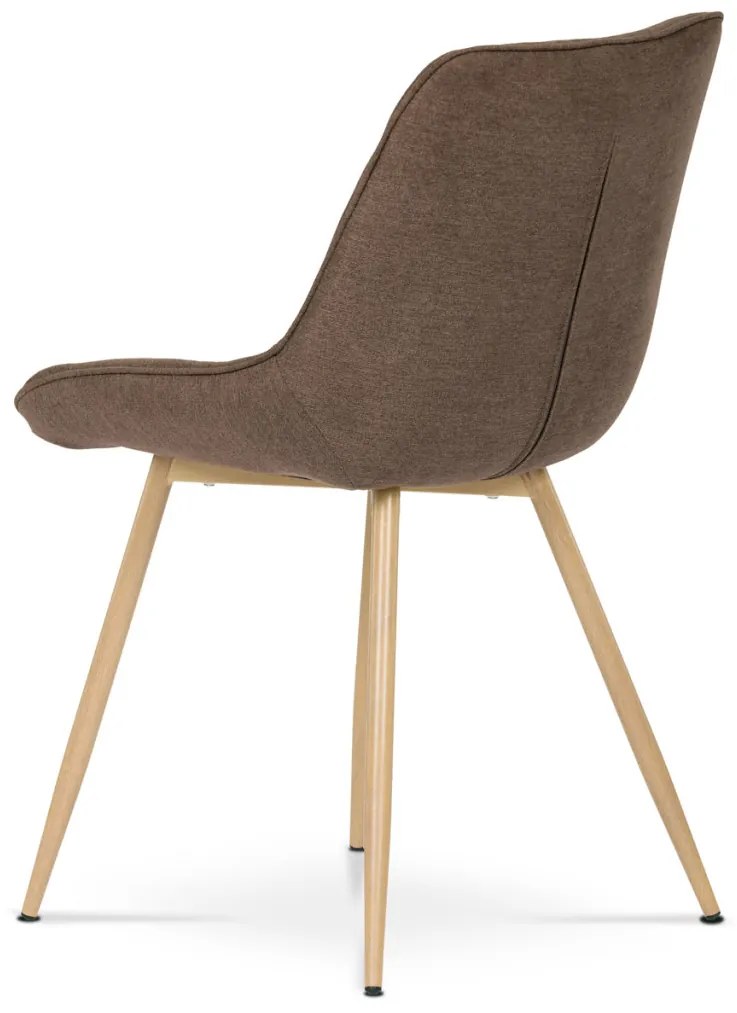 Scaun de dining, tapițat cu material textil maro, picioare metalice, decor stejar 3D.