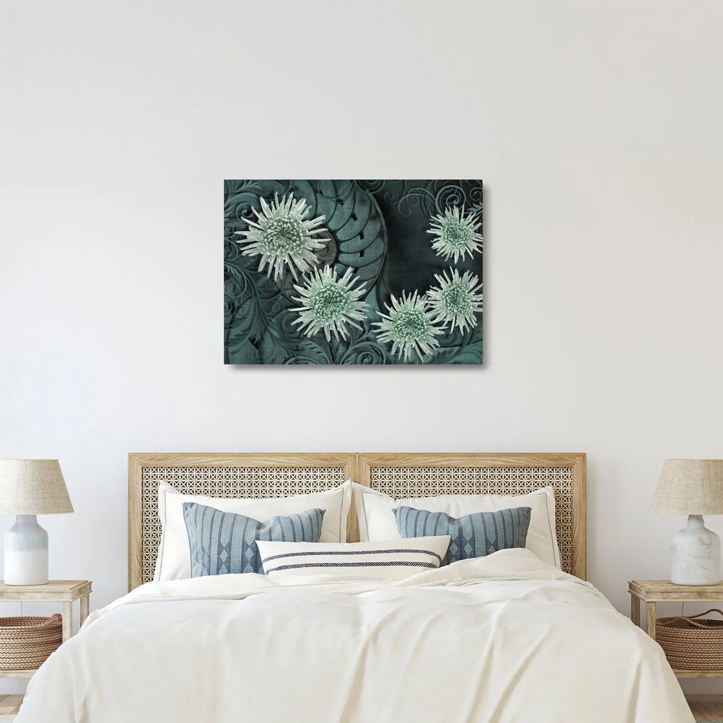 Kép - Zöld virágok (üvegen) (70x50 cm)