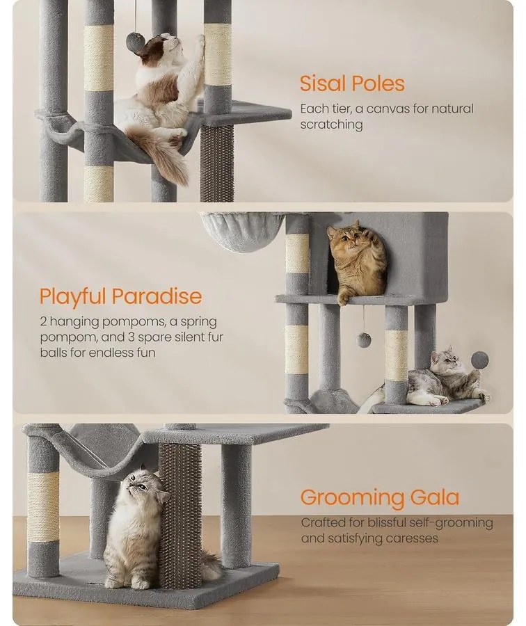 Feandrea nagy macskafa, 175 cm magas macskatorony szürke színben