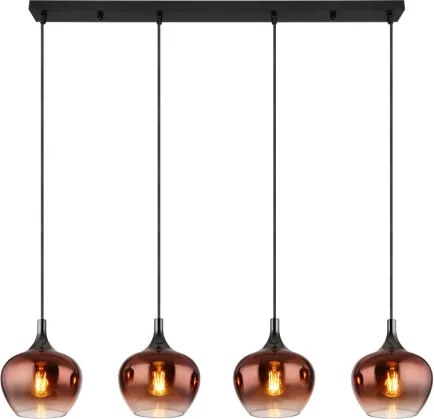 Globo 15548-4HG Függeszték fekete matt fém, fekete-króm fém, réz színű/átlátszó színátmenetes üveg búra, fekete textil kábel, HxSzxM: 1000x180x1200mm, 4x E27 40W 230V izzók nélkül