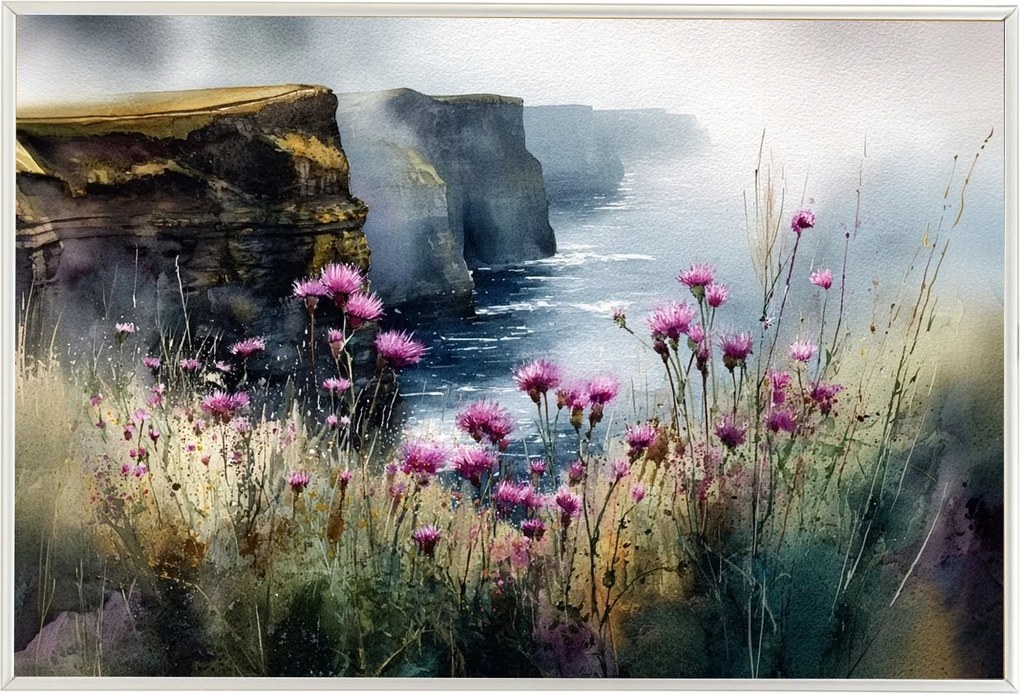 Poszter Keret Alumínium Tájkép Írország Mohair Sziklák Bogáncs Virágok 60x40